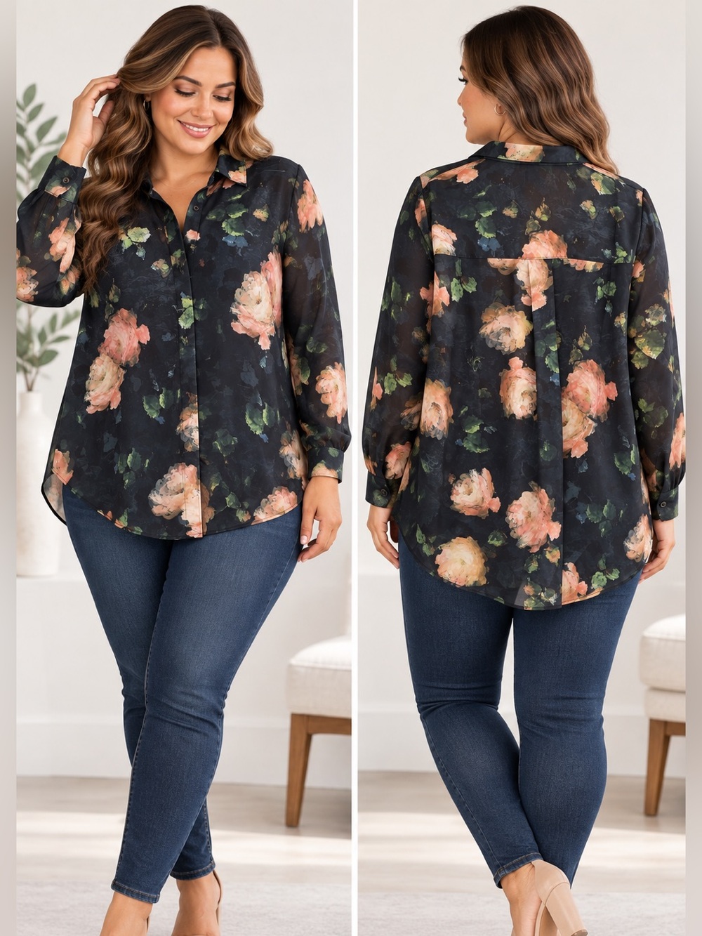 Elie Tahari Woman 1X Floral Blouse Black Sheer Button Down Hi Low Plus Size.